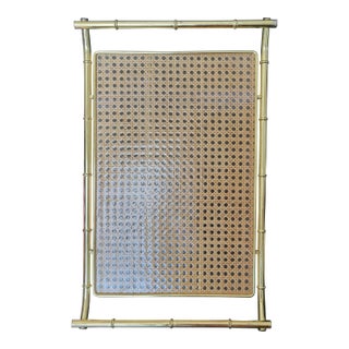 Dior Home Style Brass Gold Finish Metal Faux Bamboo Woven Cane Acrylic Cocktail Serving TrayVintage Mid-Century Modern For Sale
