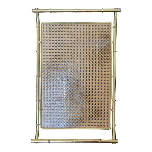 Dior Home Style Brass Gold Finish Metal Faux Bamboo Woven Cane Acrylic Cocktail Serving TrayVintage Mid-Century Modern For Sale