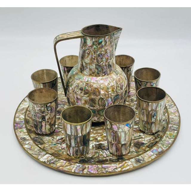 Ivory Mexican Brass and Abalone Shell Pitcher Set With Tray and Eight Cups, 1950s For Sale - Image 8 of 18