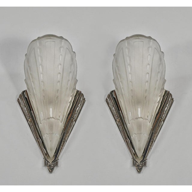 wall sconces by Ets. Jean Gauthier A nice pair of 1925-1930 French art deco wall lights in nickel plated solid brass or...