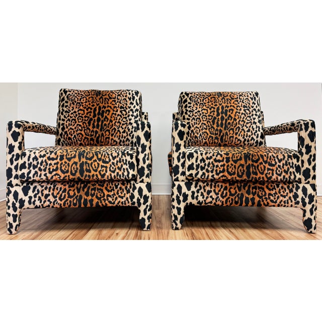 Mid-Century Modern Modern Leopard Print Velvet Parsons Lounge Chairs, a Pair For Sale - Image 3 of 13