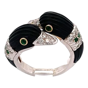 1980s Van Cleef & Arpels Carved Onyx Double Swan Ring Size 6.5
