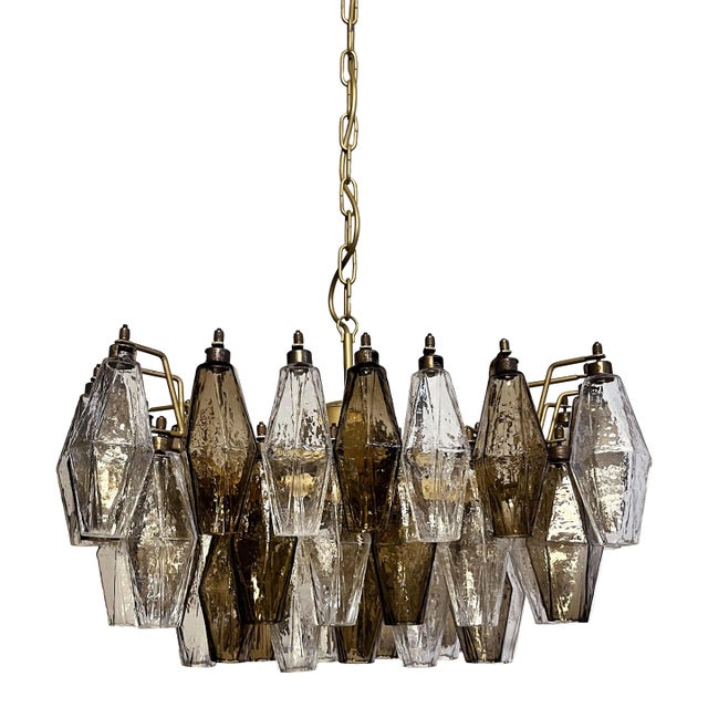 Italian Poliedri Chandelier, 56 Hand-Blown Clear & Smoked Glass Elements, Brass Frame, 1970s Style For Sale