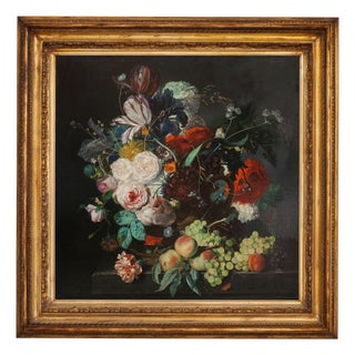 Angelo Granati, Floral Still Life with Fruit, Oil on Canvas, Framed For Sale