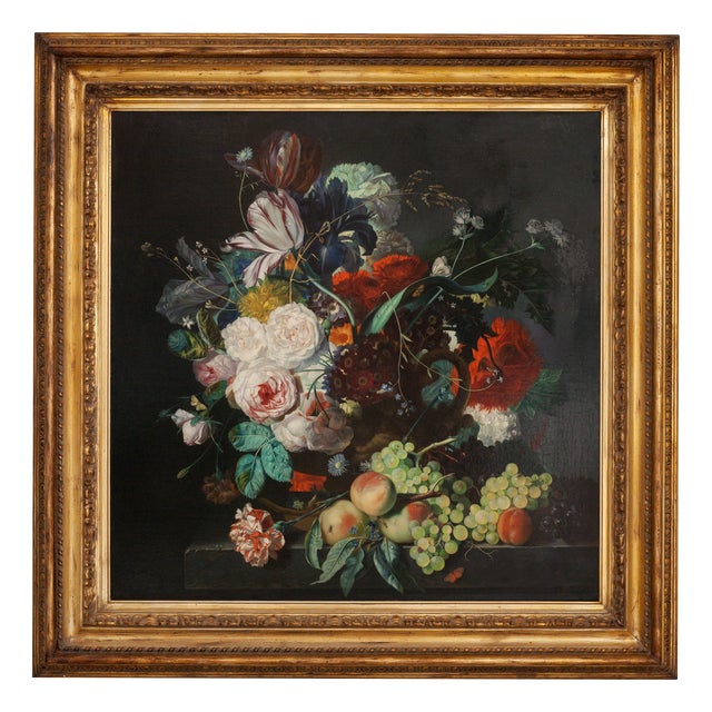 Angelo Granati, Floral Still Life with Fruit, Oil on Canvas, Framed For Sale