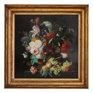 Angelo Granati, Floral Still Life with Fruit, Oil on Canvas, Framed