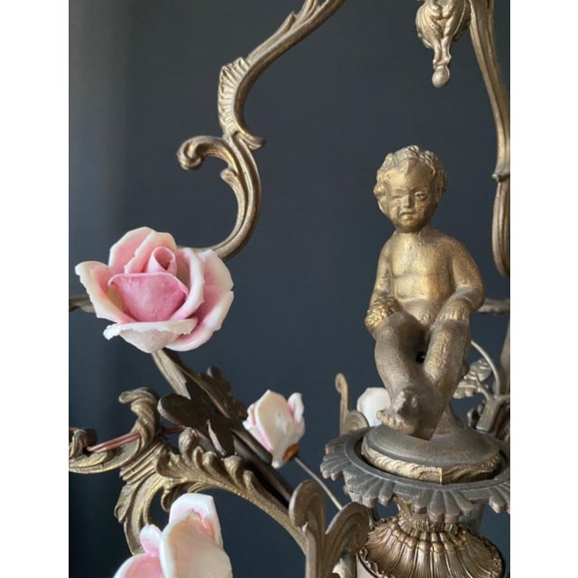Gold Vintage Chandelier with Porcelain Roses, 1960s For Sale - Image 8 of 10