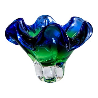 Josef Hospodka Chribska Czech Hand Blown Art Glass Vase Bowl Blue Green Ruffled Edge Centerpiece (8" Diameter) For Sale