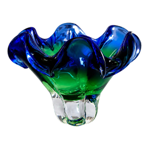 Josef Hospodka Chribska Czech Hand Blown Art Glass Vase Bowl Blue Green Ruffled Edge Centerpiece (8" Diameter)