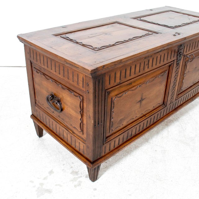 Brown 18th Century French Louis XVI Period Carved Walnut Coffer With Marquetry For Sale - Image 8 of 18