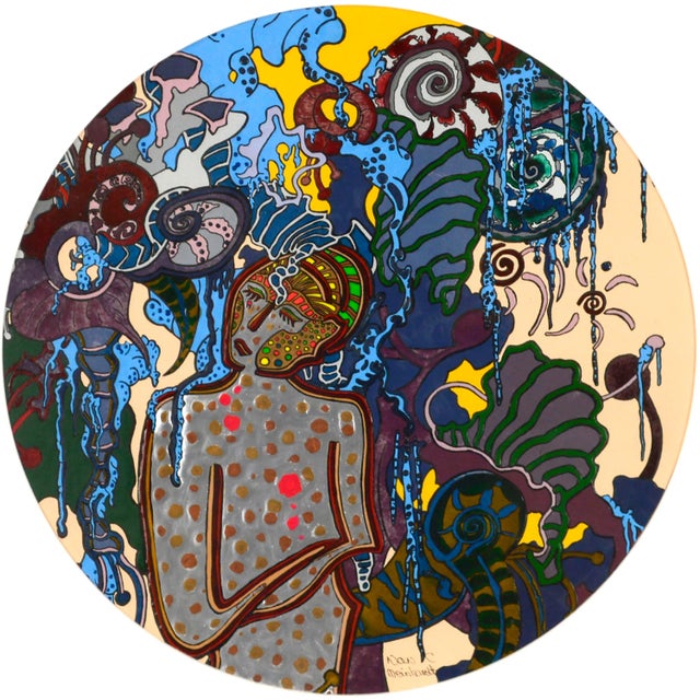 Evocative contemporary figurative abstract by NanC Meinhardt (American, 20th Century). Reminiscent of her bead work; a...