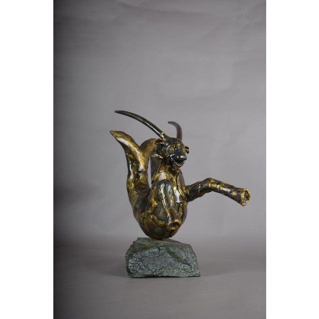 Bronze Capricorn Sculpture, Signed Faust 1994 — Mythical Zodiac Form on Stone Base For Sale - Image 9 of 14