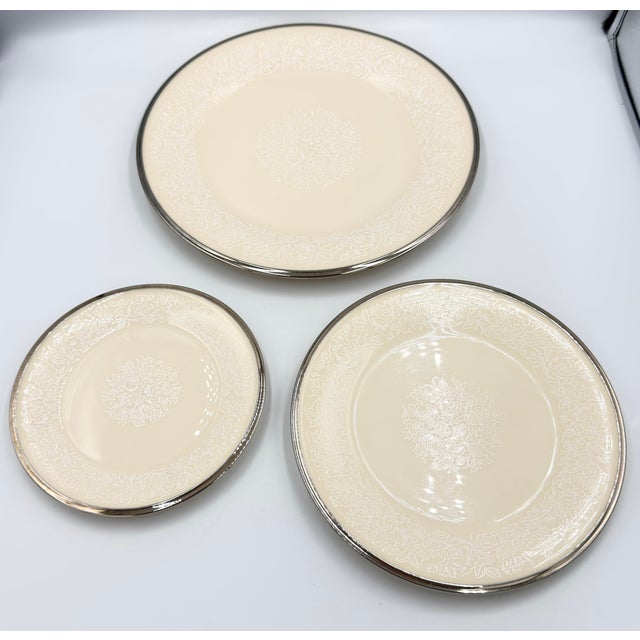 1990s 1990s Lenox Moonspun China Platinum Trim Dinner, Salad, Bread 3pc Plate Set For Sale - Image 5 of 10