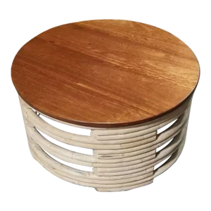 1950s Restored Rattan White Natural Wood Stacked Round Coffee Table With Mahogany Top