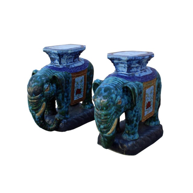 Pair Ceramic Handmade Chinese Green Blue Oriental Elephant Figures For Sale - Image 4 of 8