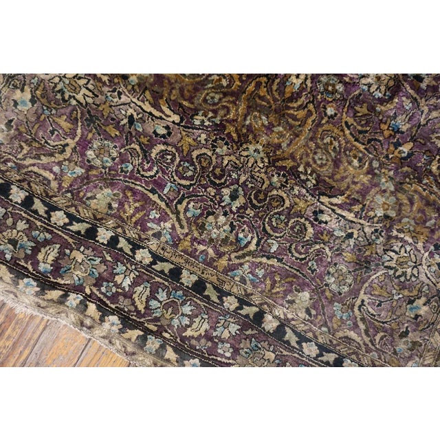 Great Eggplant Purple Background and Detail of Rossette Floral Border Geometric Design Antique Persian Silk Kashan by Kazan For Sale In New York - Image 6 of 15