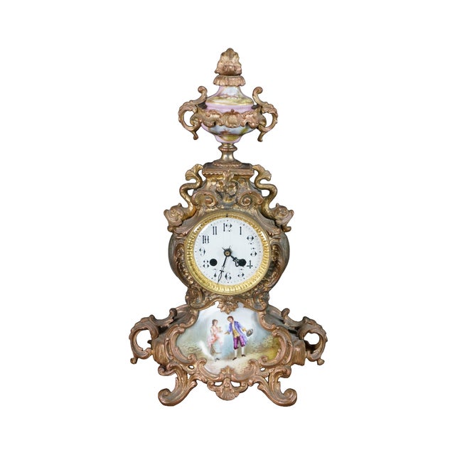 Rococo Antique French Louis XV Rococo Sèvres Style Hand Painted Porcelain Mantel Clock For Sale - Image 3 of 18