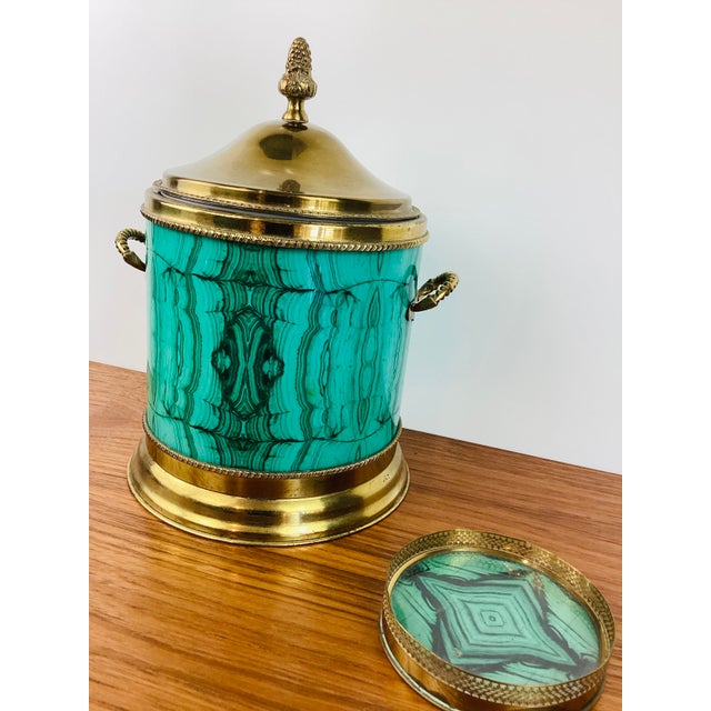 Vintage Faux Malachite & Brass Ice Bucket with matching Bottle Coaster in the style of Aldo Tura faux malachite under...
