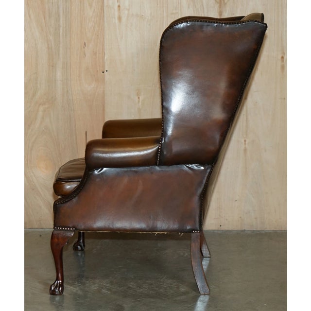 Vintage Pair of Chesterfield Chestnut Brown Leather Wingback Armchairs & Footstools For Sale - Image 14 of 18