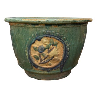 Late 20th Century Green Planter with Floral Relief Design For Sale