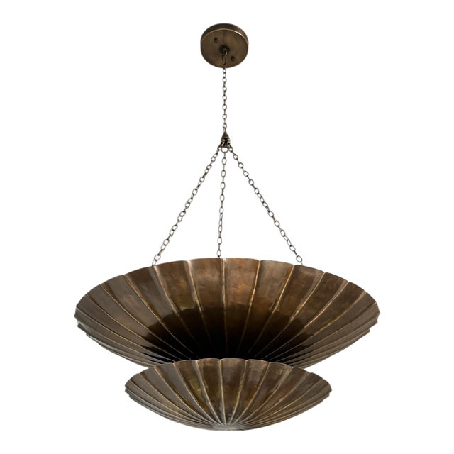 Vintage Brass Shell Pendant Chandelier – Two-Tier Mid-Century Modern Ceiling Light Fixture For Sale