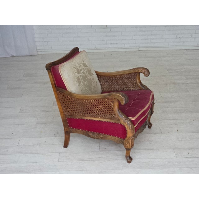 1930s, Danish armchair. Original red furniture velour, handcarved ash wood, furniture mesh, brass springs in the seat....