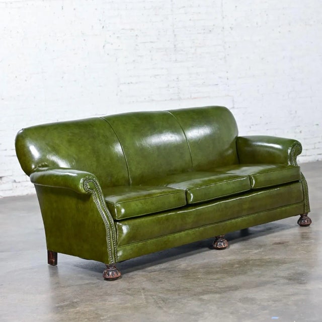 Handsome vintage Traditional green Naugahyde faux leather Lawson style club or library sofa with rolled arms by Vargas...