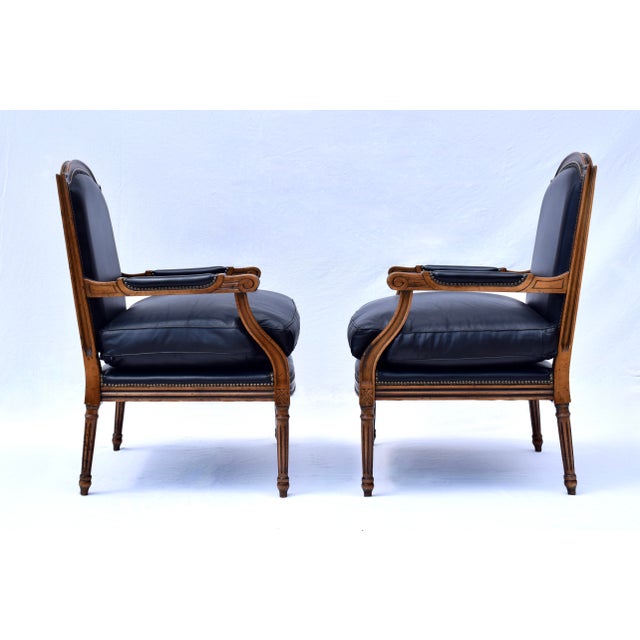 Black Louis Xvi Style Leather Fauteuil Chairs For Sale - Image 8 of 12