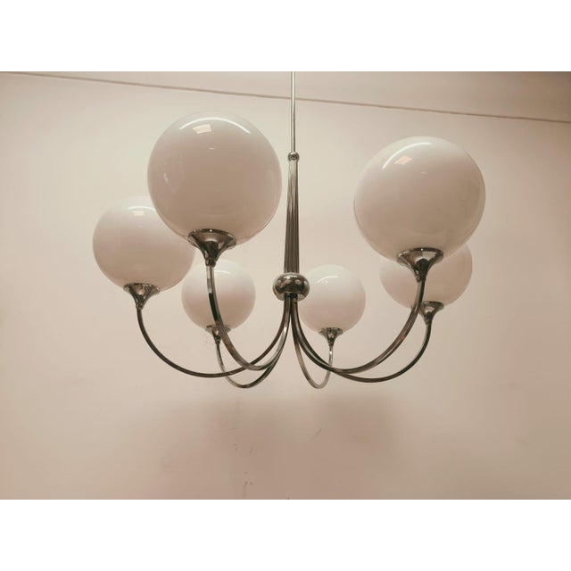 Silver 6-Light Chrome Chandelier with Glossy White Sphere Glasses, 1980s For Sale - Image 8 of 18