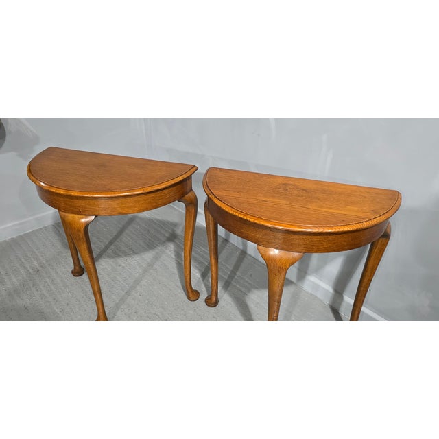 A super pair solid golden oak demi lune console tables, standing on tall cabriole legs, and in overall very nice original...