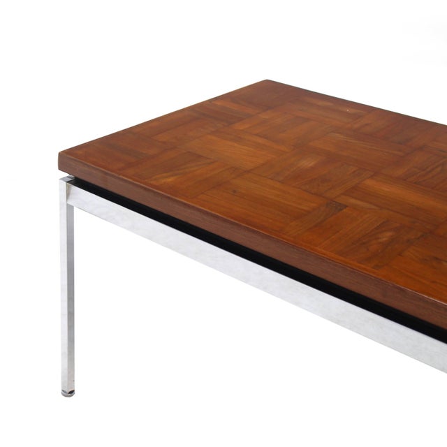 Mid 20th Century Solid Stainless Steel Heavy Base Rectangular Coffee Table with Parquet Top For Sale - Image 5 of 7