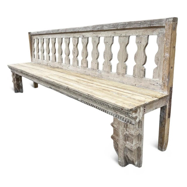 Farmhouse Vintage Long Banister Indian Farmhouse White Wash Bench For Sale - Image 3 of 10