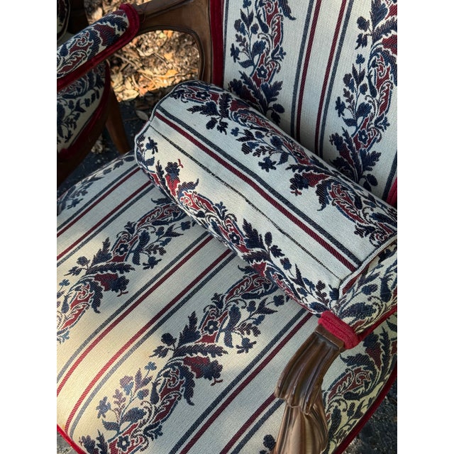 1920s 1920s Pair of Louis XV-Style French Provincial Upholstered Carved Wood Armchairs With Floral Stripe Fabric For Sale - Image 5 of 10