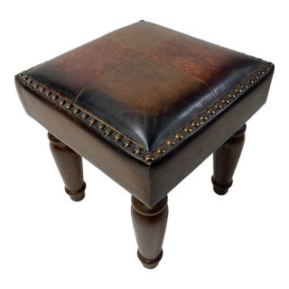 Vintage Moroccan Style Patchwork Leather Turned Leg Stool For Sale
