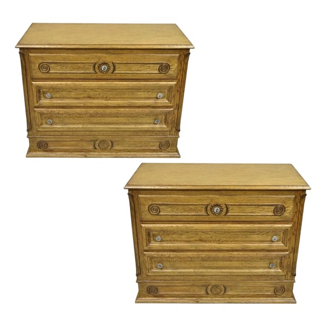 Vintage French Country Provincial Oak Wood 3 Drawer Bachelor Chest Commode Pair For Sale
