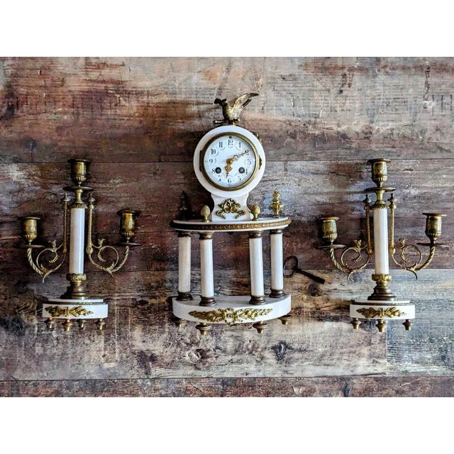 Louis XVI Style Guilded Bronze and White Marble Fireplace Set, Late 19th Century-Early of 20th Century, Set of 3 For Sale - Image 9 of 9