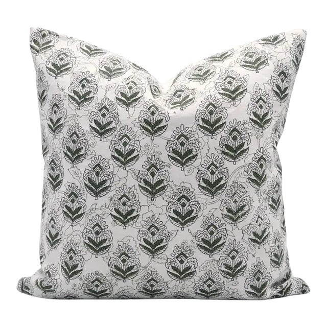 Fabdivine Handmade Block Printed Cushion Cover 18x18 Inch Pure White Linen- Betal Leaf For Sale