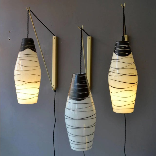 Mid-Century Modern Mid-Century Czech Black and White Hand Painted Glass Wall Lamps, Set of 4 For Sale - Image 3 of 11