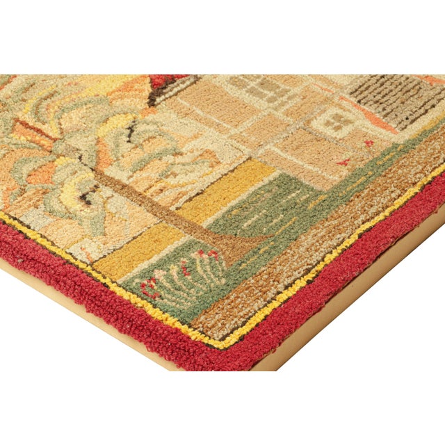 Rug & Kilim Antique Framed Hooked Rug, Beige With Country Home Pictorial - Rug & Kilim For Sale - Image 4 of 5