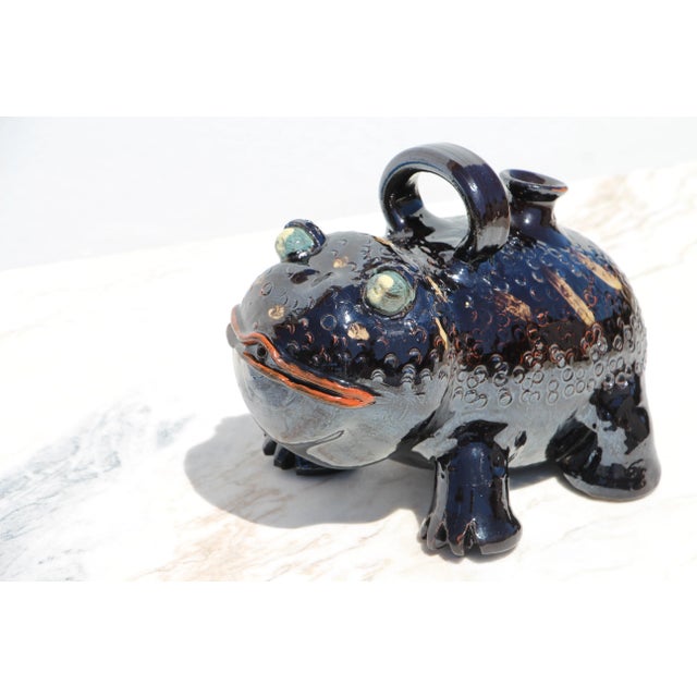 1900s Stunning Head Vase Frog Ewer Aquamanile, Earthenware, Portuguese For Sale - Image 9 of 13