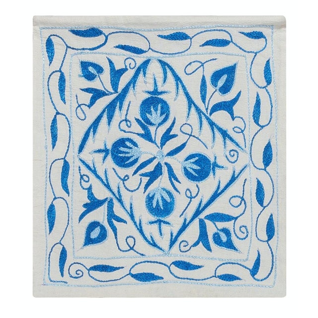 Suzani Textile Hand Embroidery Silk Cushion Cover in Cream & Light Blue. 16"x19" For Sale