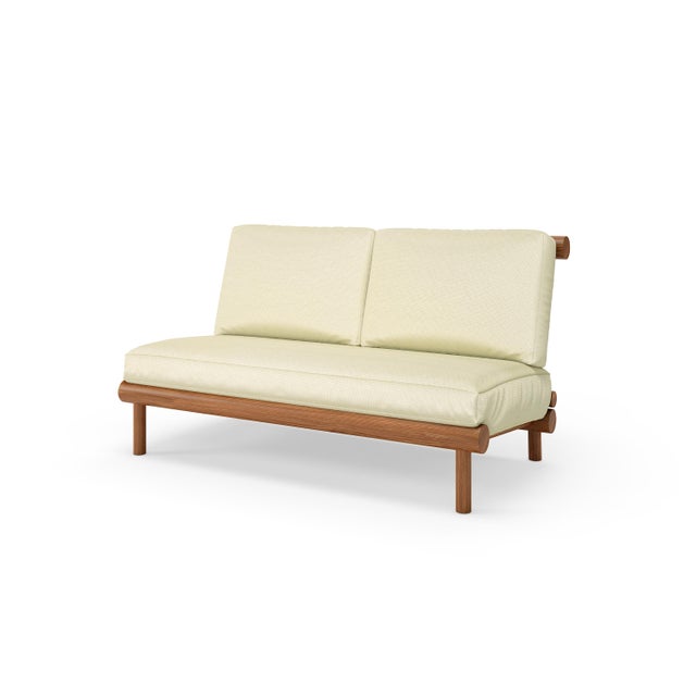 Mid-Century Modern Rishon Teak Outdoor Love Seat - Canvas Birds Eye For Sale - Image 3 of 5