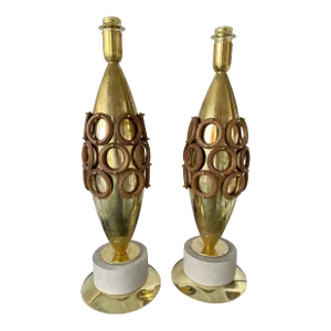 Contemporary Pair of Brass and Wood Rings Lamps, Italy