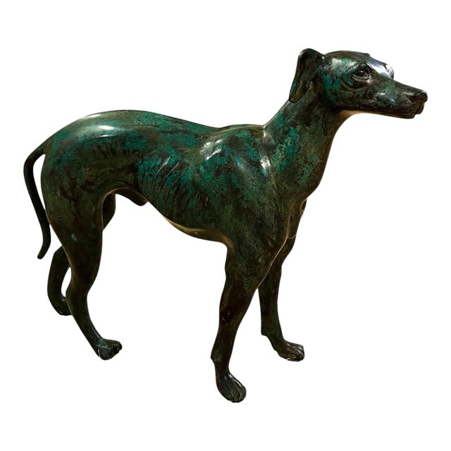 Large Mid 20th Century Bronze Greyhound Table Sculpture With Verdigris Patina, Dog Statue For Sale