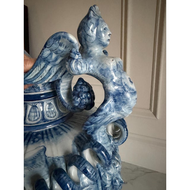 Blue Large Vintage Cantagalli Italian Majolica Blue White Delft Style Pottery Vase Jar or Urn Serpent Handles 23"h For Sale - Image 8 of 18