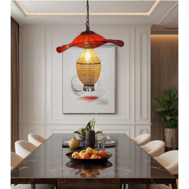 Murano Red Murano Swirl Art Glass Shade and Amber Beads Pendant Lamp For Sale - Image 4 of 18