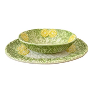 Vintage Shafford “Lemons & Cabbage” Majolica Serving Platter With Bowl For Sale