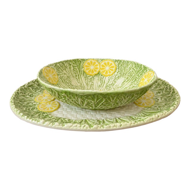 Vintage Shafford “Lemons & Cabbage” Majolica Serving Platter With Bowl For Sale