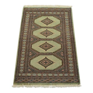 Bokhara Jaldar Rug 2’6” X 3’10” Green Wool Tribal Hand-Knotted Carpet For Sale
