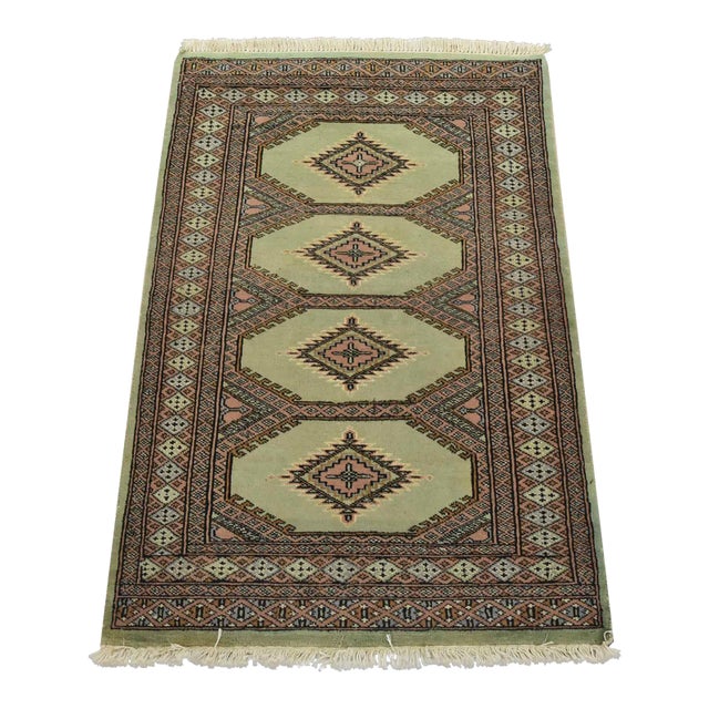 Bokhara Jaldar Rug 2’6” X 3’10” Green Wool Tribal Hand-Knotted Carpet For Sale